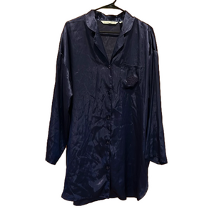 Victoria's Secret Navy Blue Long Sleeve Button Up Velvet Robe with Floral Patch